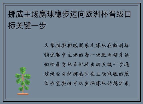 挪威主场赢球稳步迈向欧洲杯晋级目标关键一步